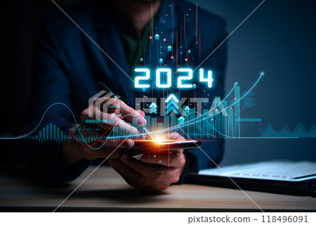 Businessman touching increase arrow graph corporate future growth year 2023 to 2024. New Goals with Plans and Visions for Next Year 2024, Opportunity, challenge and business strategy. 118496091
