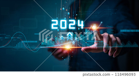 Businessman touching increase arrow graph corporate future growth year 2023 to 2024. New Goals with Plans and Visions for Next Year 2024, Opportunity, challenge and business strategy. 118496093