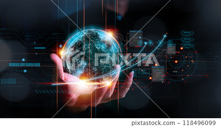Businessman hand holding the earth global virtual shown corporate future growth year 2023 to 2024. New Goals with Plans and Visions for Next Year 2024, Opportunity, challenge and business strategy. 118496099
