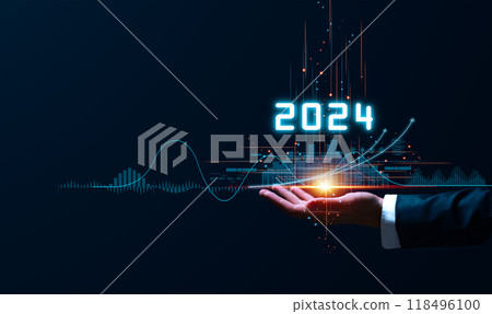 Businessman hand holding the increase arrow graph corporate future growth year 2023 to 2024. New Goals with Plans and Visions for Next Year 2024, Opportunity, challenge and business strategy. 118496100