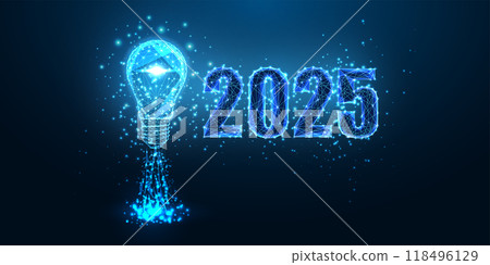 New Year 2025 with innovative business idea futuristic concept. Glowing 2025 digits withlightbulb 118496129