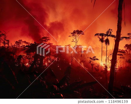 Forest fires in the Jungle. Forest raging in flames. Terrible new Climate reality. Climate change 118496139