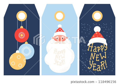 New Year Holiday Xmas Gift Tags. Cute portrait Santa, Christmas balls and lettering congratulation with hat Claus. Isolated festive vertical cards. Vector illustration. 118496156