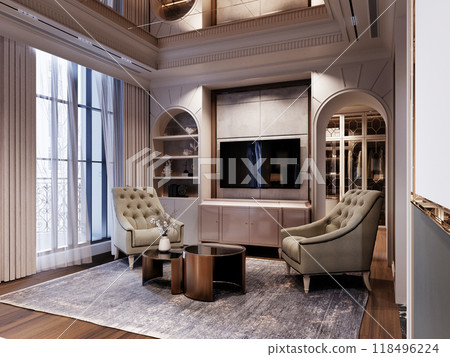 Cozy sitting area with tufted armchairs, round coffee tables, built-in shelving, and arched cabinetry, complemented by elegant drapes and soft ambient lighting. Cozy sitting area with tufted armchairs, round coffee tables, built-in shelving, and arched cabinetry, complemented by elegant drapes and soft ambient lighting. 118496224