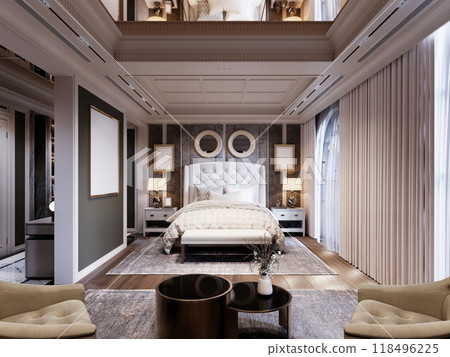 Elegant bedroom with a tufted headboard, quilted bedding, dual round mirrors, soft lighting, and floor-to-ceiling drapes creating a luxurious and inviting atmosphere. 118496225