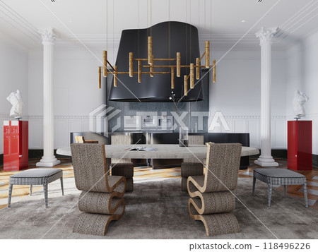 Eclectic dining room with sculptural chairs, brass chandelier, and bold decor. Striking mix of textures and modern art elements create a unique,  118496226