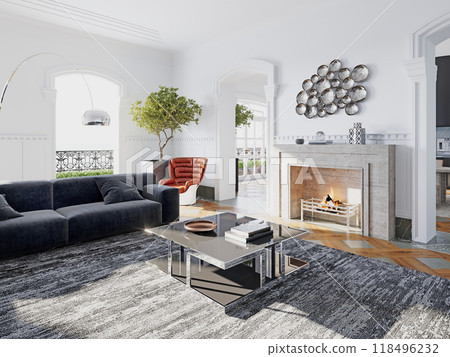 Modern living room with plush velvet sofa, sleek metallic coffee table, contemporary art, and cozy fireplace, creating an inviting, elegant atmosphere. 118496232