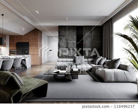 Open-concept living and kitchen area with textured stone accent wall, unique green sculptural chair, and modern decor elements, blending comfort and contemporary style Open-concept living and kitchen area with textured stone accent wall, unique green sculptural chair, and modern decor elements, blending comfort and contemporary style 118496237