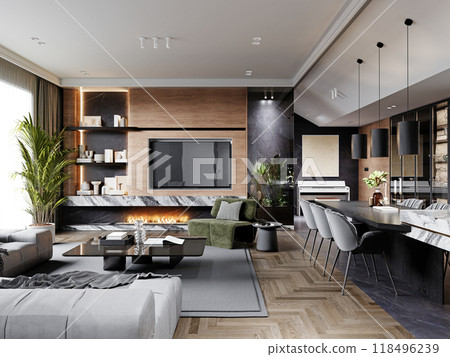 Modern living room with built-in fireplace, wood and marble accents, open shelving, and green accent chair, blending contemporary design with natural touches 118496239