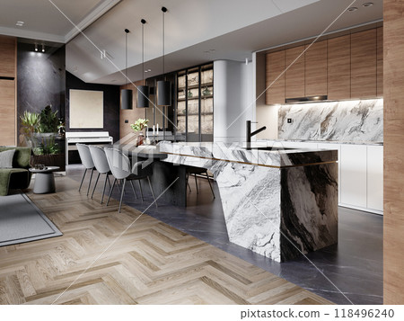Modern open-concept living space featuring a sleek marble island with black veining, wooden cabinetry, and sophisticated pendant lighting, highlighting a minimalist aesthetic with natural tones and 118496240