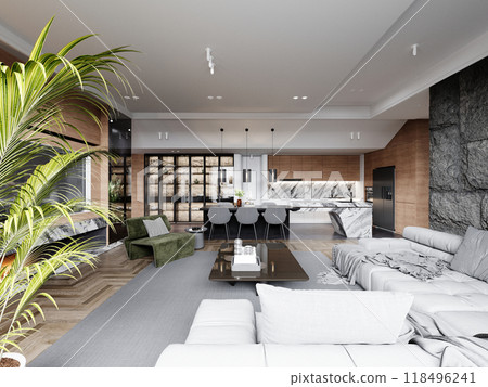 Elegant open-plan living area with a striking marble kitchen island, dark textured stone accent wall, and warm wooden elements, seamlessly blending modern luxury and natural materials in a 118496241