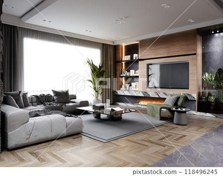 Modern living room with a minimalist design featuring a spacious gray sectional sofa, natural wood paneling, and a sleek marble fireplace, creating a warm and stylish ambiance 118496245