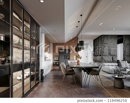 Contemporary kitchen and dining area with a sleek design, featuring a glass cabinet, pendant lights, and natural stone wall. Front view enhances the spacious layout. Contemporary kitchen and dining area with a sleek design, featuring a glass cabinet, pendant lights, and natural stone wall. Front view enhances the spacious layout. 118496250