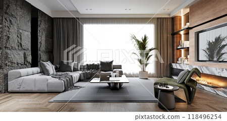 Luxurious living room with a modern aesthetic, featuring a large sofa, marble fireplace, and natural light through wide windows. Elegant and inviting ambiance. Luxurious living room with a modern aesthetic, featuring a large sofa, marble fireplace, and natural light through wide windows. Elegant and inviting ambiance. 118496254