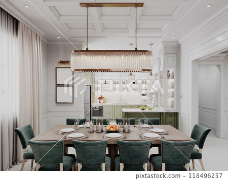 Classic dining room with elegant details, featuring a large wooden table, velvet chairs, and a crystal chandelier. Bright and airy with a refined style. 118496257