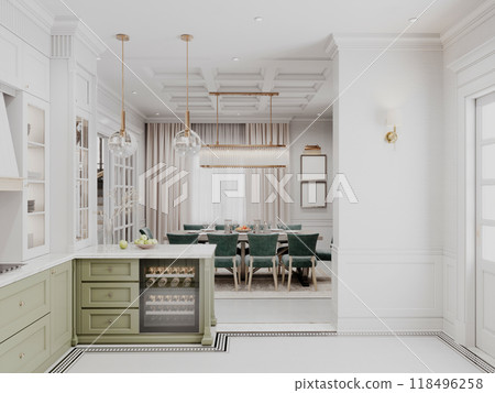 Elegant kitchen and dining area with classic design, featuring green cabinetry, a wine cooler, and sophisticated lighting. Open and bright space with a timeless appeal. Elegant kitchen and dining area with classic design, featuring green cabinetry, a wine cooler, and sophisticated lighting. Open and bright space with a timeless appeal. 118496258