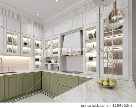 Charming kitchen with classic cabinetry, green lower cabinets, and white upper cabinets, accented with glass display shelves and marble countertops. Bright, elegant, and functional space. 118496261