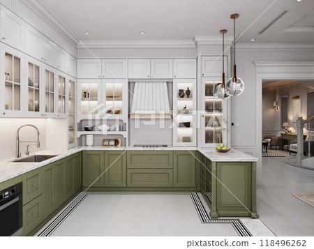 Charming kitchen with classic cabinetry, green lower cabinets, and white upper cabinets, accented with glass display shelves and marble countertops. Bright, elegant, and functional space. 118496262