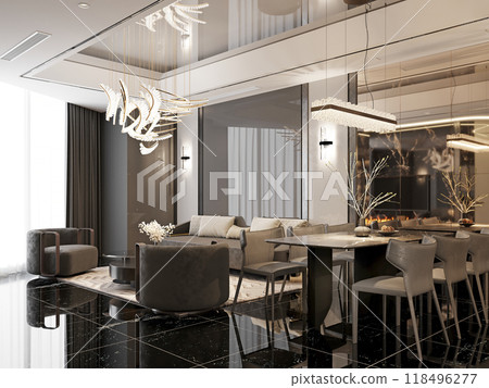 Elegant living and dining area with modern furniture, artistic chandeliers, and glossy black flooring. The sophisticated design blends luxury and comfort seamlessly. 118496277