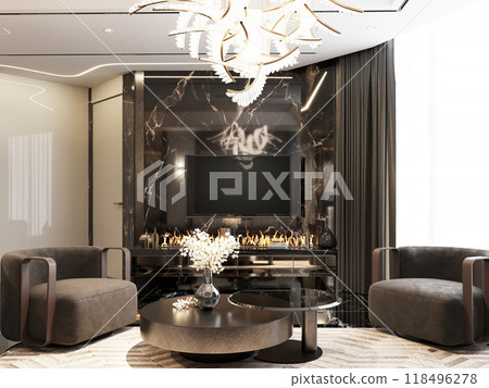 Modern lounge area with sleek armchairs, a round coffee table, and a black marble fireplace. Elegant lighting and dark tones create a luxurious, intimate atmosphere. 118496278