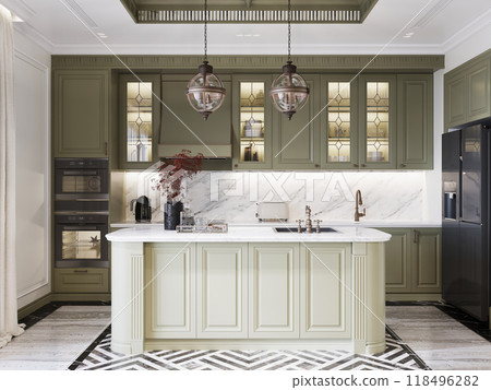 Elegant kitchen with olive green cabinetry, marble countertops, and vintage pendant lights. A blend of classic and modern design elements creates a refined, luxurious atmosphere. 118496282