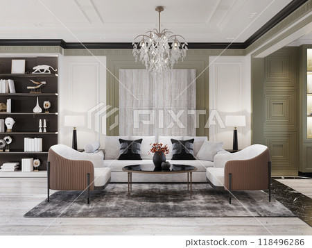 Luxurious living room with elegant seating, soft neutral tones, and decorative chandeliers. Modern design featuring textured walls and refined accents, creating a sophisticated ambiance. 118496286