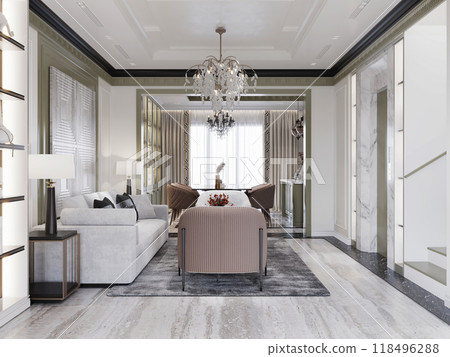 Luxurious living room with elegant seating, soft neutral tones, and decorative chandeliers. Modern design featuring textured walls and refined accents, creating a sophisticated ambiance. 118496288