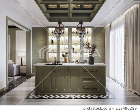 Elegant kitchen with olive green cabinetry, marble countertops, and vintage pendant lights. A blend of classic and modern design elements creates a refined, luxurious atmosphere. Elegant kitchen with olive green cabinetry, marble countertops, and vintage pendant lights. A blend of classic and modern design elements creates a refined, luxurious atmosphere. 118496289