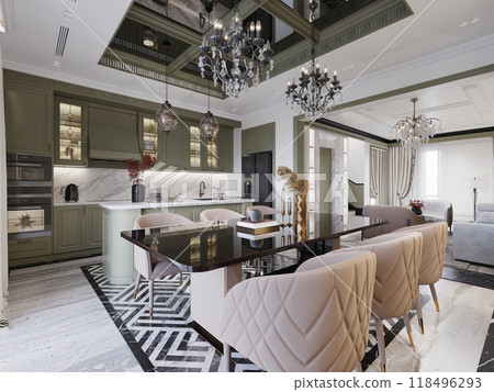 Luxurious kitchen and dining area with quilted chairs, marble countertops, and intricate chandeliers. The space combines classic and modern design for an elegant ambiance. 118496293