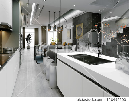 Contemporary kitchen with sleek cabinetry, an island, and a modern dining area. Open layout with stylish lighting, large windows, and natural light. Contemporary kitchen with sleek cabinetry, an island, and a modern dining area. Open layout with stylish lighting, large windows, and natural light. 118496300