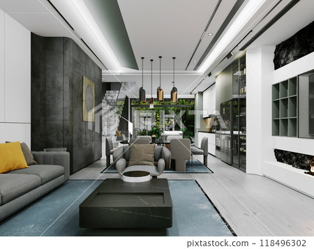 Spacious modern living and dining area with vibrant accents, abstract art, and sleek furnishings. Large windows provide natural light, creating an open and airy atmosphere. 118496302