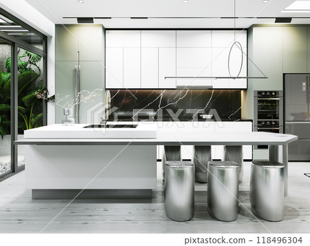 Contemporary kitchen featuring a minimalist island, sleek fixtures, and metallic stools. Modern finishes and natural elements create a refined, open-concept space filled with light. 118496304