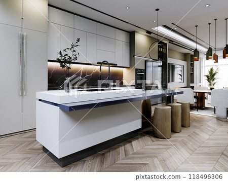 Sleek modern kitchen with a marble backsplash, minimalist cabinetry, and a central island with bar stools. Clean lines and contemporary design create a stylish, functional space. 118496306