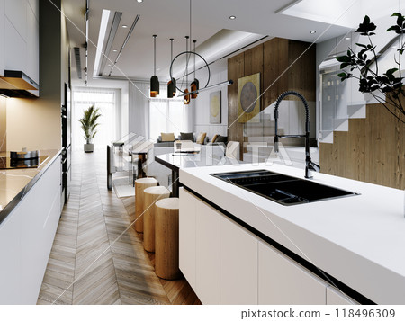 Modern kitchen and dining space with a central island, sleek fixtures, and natural wood elements. Open and airy layout emphasizes functionality and contemporary style. Modern kitchen and dining space with a central island, sleek fixtures, and natural wood elements. Open and airy layout emphasizes functionality and contemporary style. 118496309