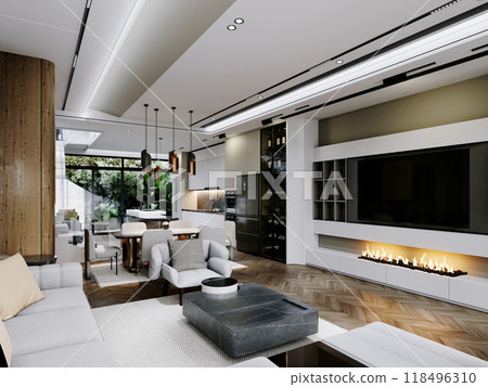 Modern open-concept living and dining area with wooden accents, sleek furniture, and large windows. Natural light and minimalistic design create a warm, inviting atmosphere. 118496310