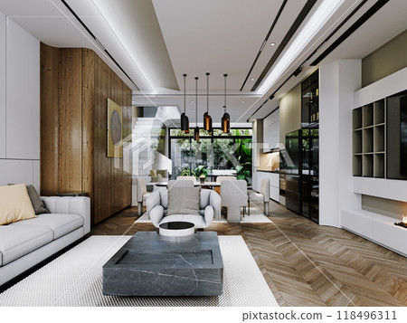 Modern open-concept living and dining area with wooden accents, sleek furniture, and large windows. Natural light and minimalistic design create a warm, inviting atmosphere. Modern open-concept living and dining area with wooden accents, sleek furniture, and large windows. Natural light and minimalistic design create a warm, inviting atmosphere. 118496311