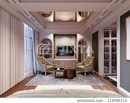 Cozy sitting area with tufted armchairs, round coffee tables, built-in shelving, and arched cabinetry, complemented by elegant drapes and soft ambient lighting. 118496314