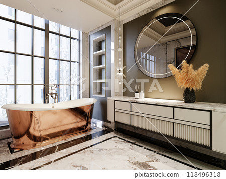 Elegant bathroom with a copper freestanding bathtub, marble flooring, and a round illuminated mirror. Chic d?cor combines modern and vintage elements. Elegant bathroom with a copper freestanding bathtub, marble flooring, and a round illuminated mirror. Chic d?cor combines modern and vintage elements. 118496318