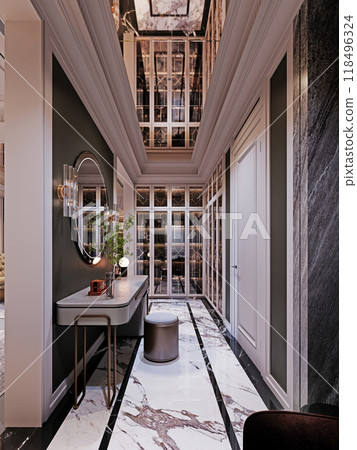Elegant hallway with marble flooring, chic console table, round mirror, and contemporary lighting, featuring reflective glass cabinetry for a luxurious feel. 118496324