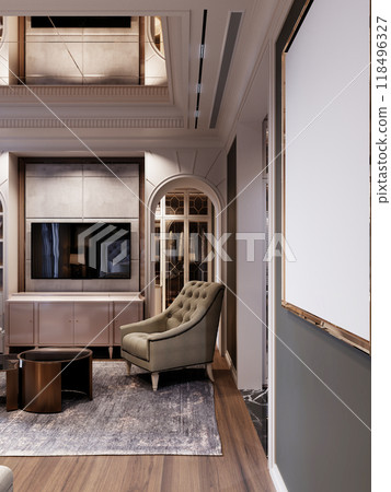 Chic interior corner featuring an arched doorway, plush armchair, and sleek media console, combining modern and classic elements for a timeless, cozy atmosphere. 118496327