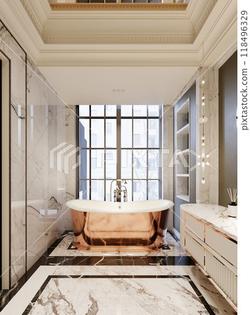 Elegant bathroom with a luxurious copper bathtub, marble flooring, and intricate ceiling details. Large windows flood the space with natural light. 118496329
