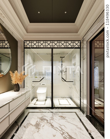Luxurious bathroom with glass-enclosed shower, marble flooring, and custom vanity. Sleek fixtures and geometric accents enhance a sophisticated, modern design. 118496330
