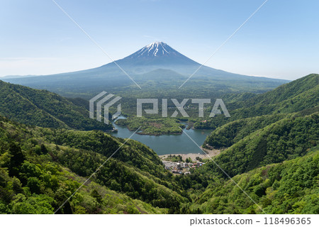 Lake Shoji and Mt. Fuji viewed from the top of the mountain 118496365