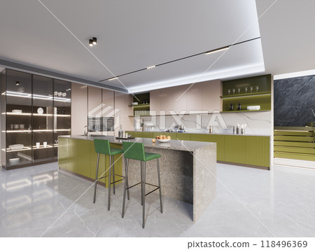 Kitchen interior with green cabinets, marble island, minimalist design, built-in lighting, glass shelving, stylish decor in an open plan space, modern aesthetic, and contemporary elements. Kitchen interior with green cabinets, marble island, minimalist design, built-in lighting, glass shelving, stylish decor in an open plan space, modern aesthetic, and contemporary elements. 118496369