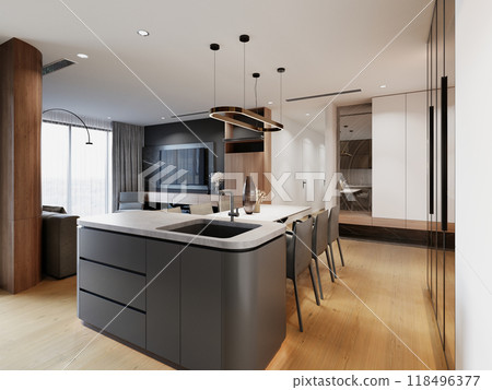 Open kitchen and living area with dark matte cabinets, light wooden floors, minimalist island, stylish pendant lighting, and a seamless integration of modern and natural elements 118496377