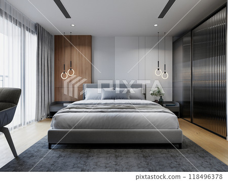 Modern bedroom with natural wood accents, soft gray upholstery, pendant lighting, frosted glass wardrobe, and neutral tones for a calm and sophisticated ambiance 118496378