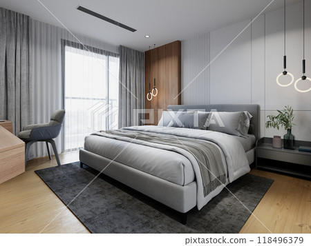 Modern bedroom with soft gray tones, wooden accents, minimalist furnishings, large windows, and cozy textiles for a calm and serene atmosphere 118496379