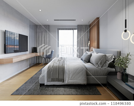 Modern bedroom with soft gray tones, wooden accents, minimalist furnishings, large windows, and cozy textiles for a calm and serene atmosphere 118496380