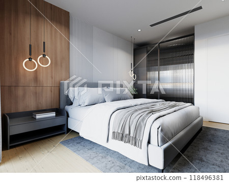 Modern bedroom with warm wood paneling, textured gray accents, frosted glass wardrobe, and elegant pendant lighting, creating a cozy and stylish retreat, 118496381