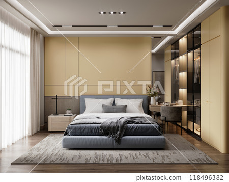 Modern bedroom with soft yellow accent wall, blue upholstered bed, open wardrobe with glass doors, and a blend of natural textures for a stylish and serene space 118496382